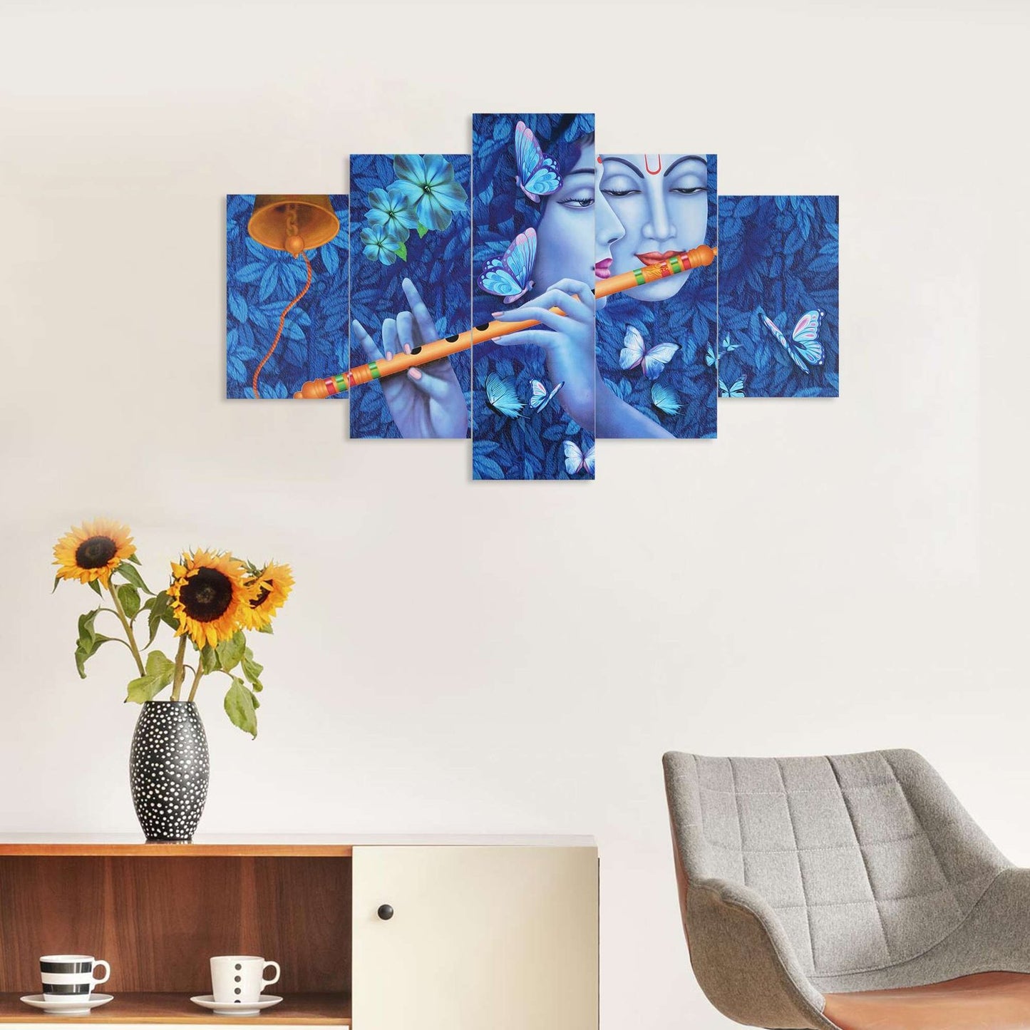Radhe Krishna Set of Five 3D Framed Paintings for Wall Decoration – Ideal for Home, Living Room, and Bedroom (125 x 60 CM)