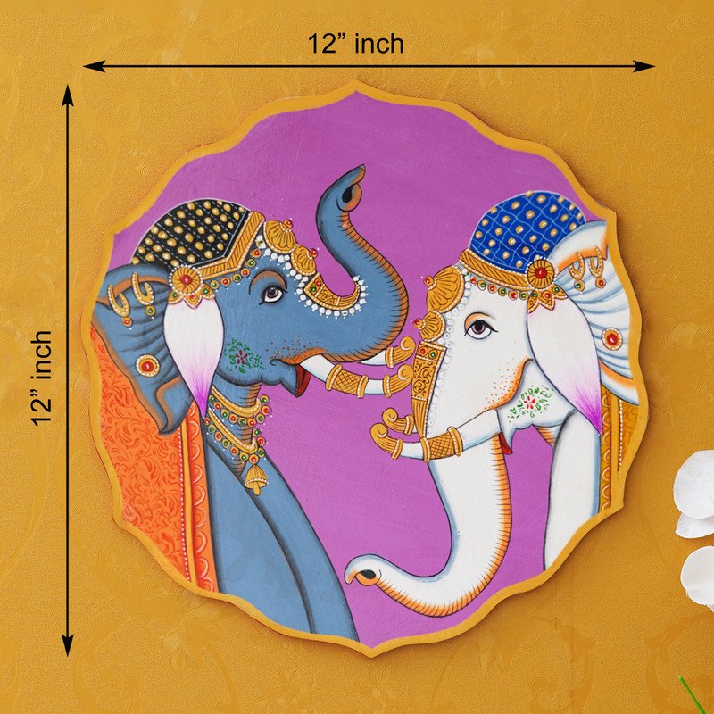 A Beautiful Pichwai Painting of two Elephants Standing Next to Each Other on a Purple Plate