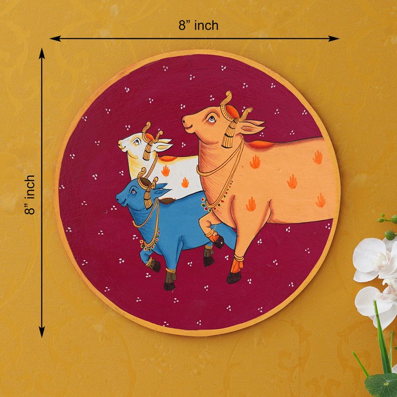 Crafted on a Wooden Plate This Pichwai Portrays Three Cows in a Circular Formation