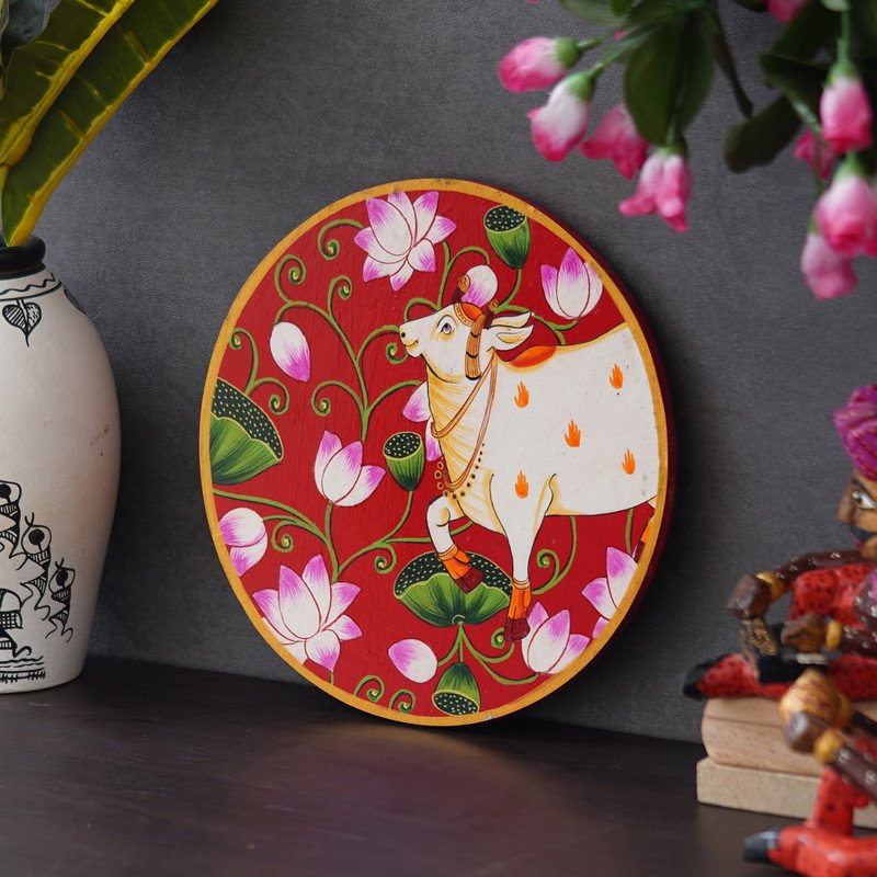 White Cow with Lotus Flowers in a Circle on a Red Background