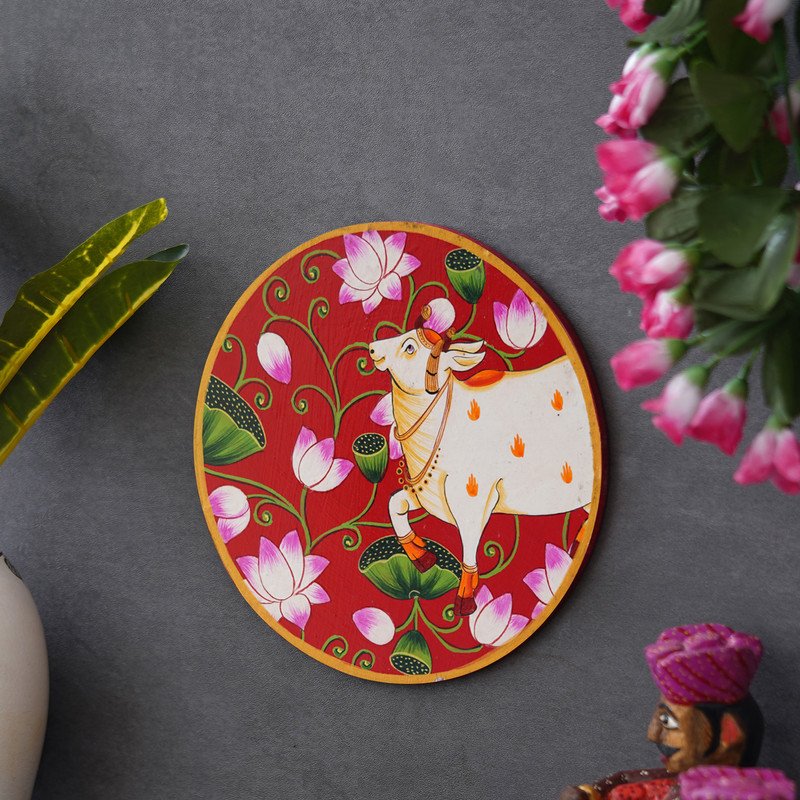 White Cow with Lotus Flowers in a Circle on a Red Background