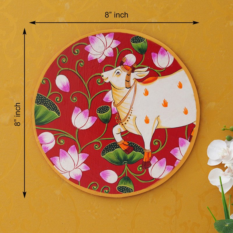 White Cow with Lotus Flowers in a Circle on a Red Background