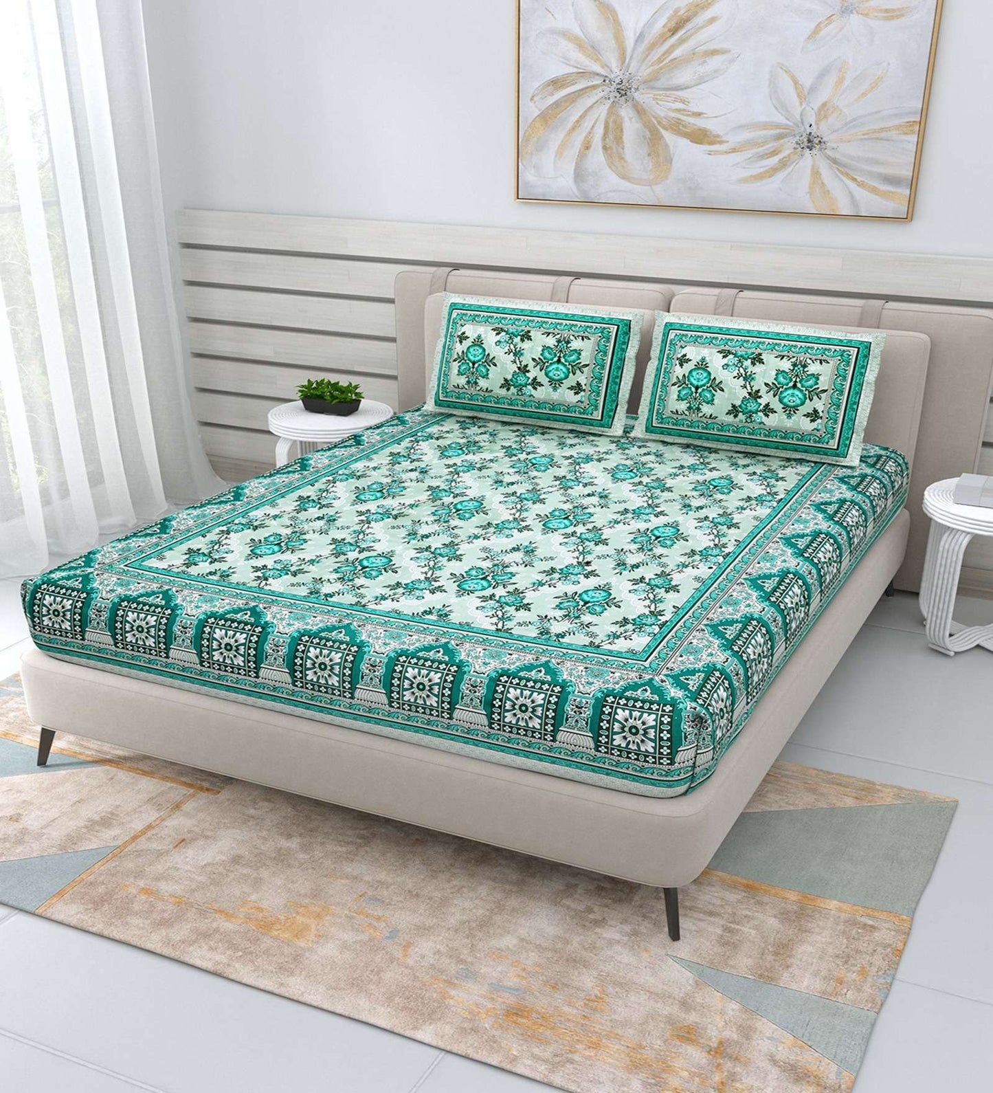 100% Pure Cotton Traditional Printed Bedsheet for Double Bed King Size Bedsheet with 2 Pillow Covers
