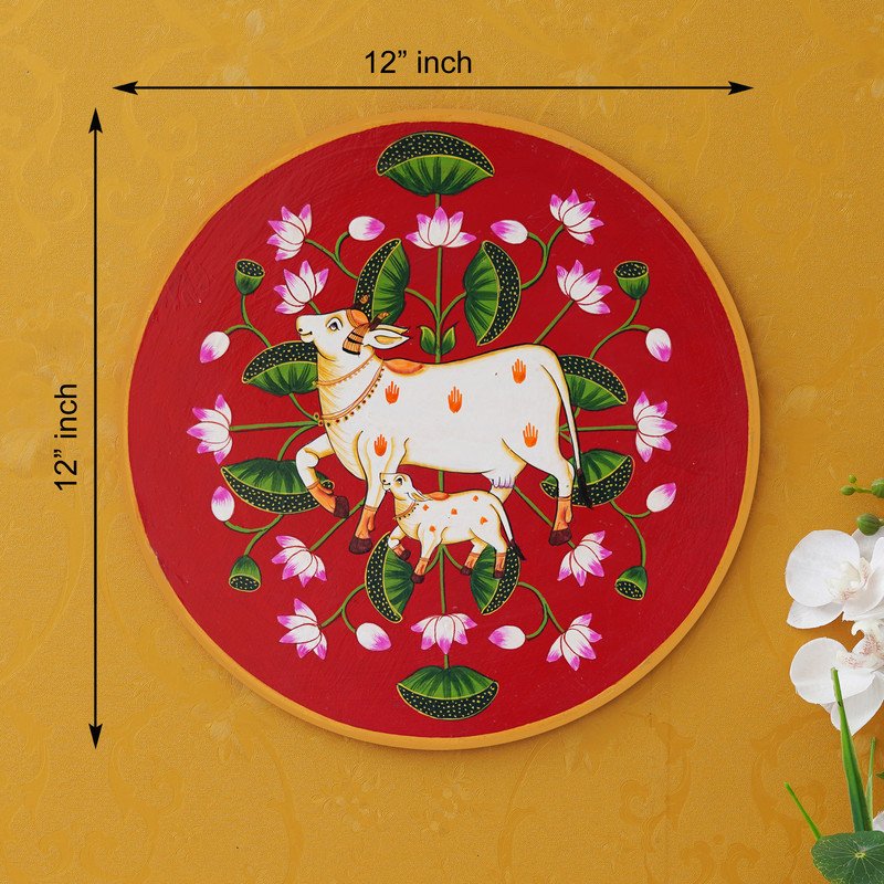This beautiful pichwai painting features a mother cow and her calf, a timeless symbol of nurturing love.