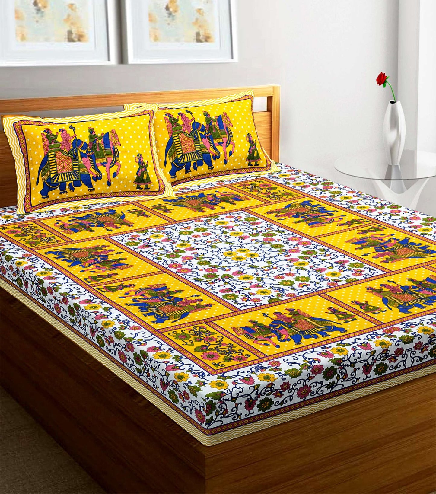 100% Pure Cotton Traditional Printed Bedsheet for Double Bed King Size Bedsheet with 2 Pillow Covers