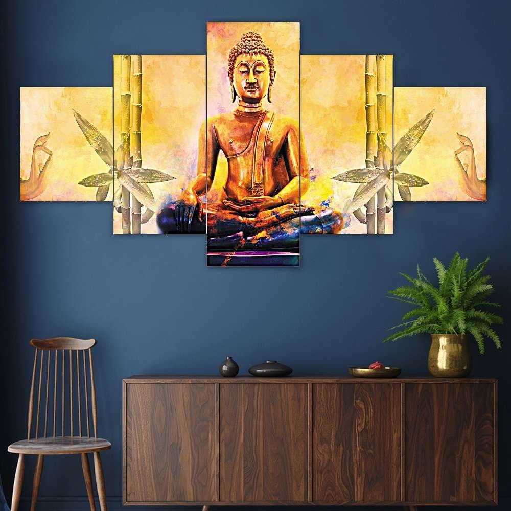 Buddha Set of Five 3D Framed Paintings for Wall Decoration – Ideal for Home, Living Room, and Bedroom (75 x 43 CM)