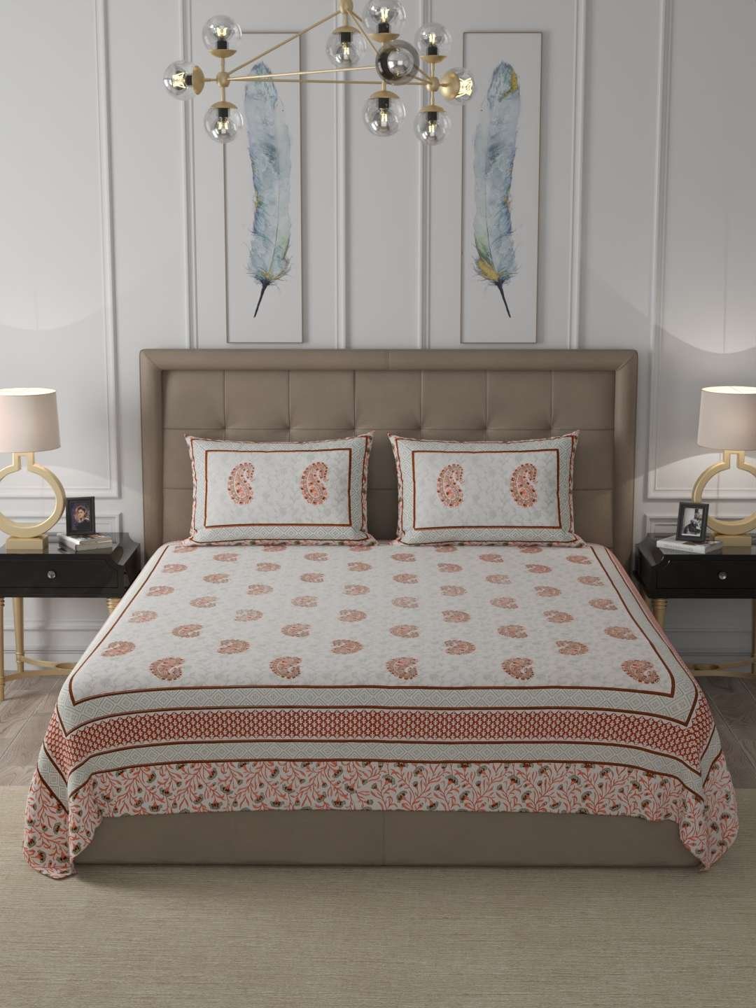 100% Pure Cotton Traditional Printed Bedsheet for Double Bed King Size Bedsheet with 2 Pillow Covers