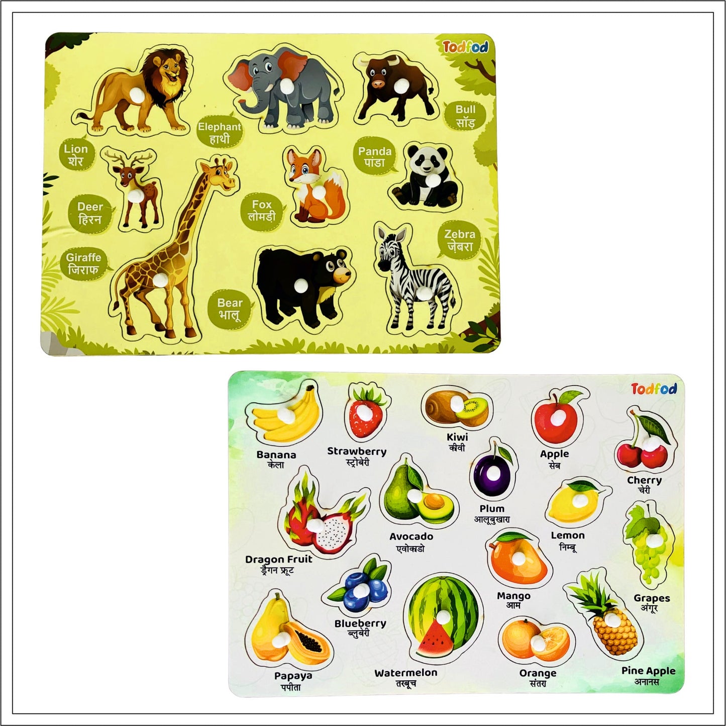Wild Animals & Fruit Characters Knob & Pegged Puzzle for Kids