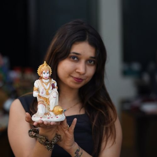 Hanuman Ji Marble Dust Murti Idol, Poly Marble Sitting Bajrang Bali for Pooja Temple Home Decoration Item Positive Envirement