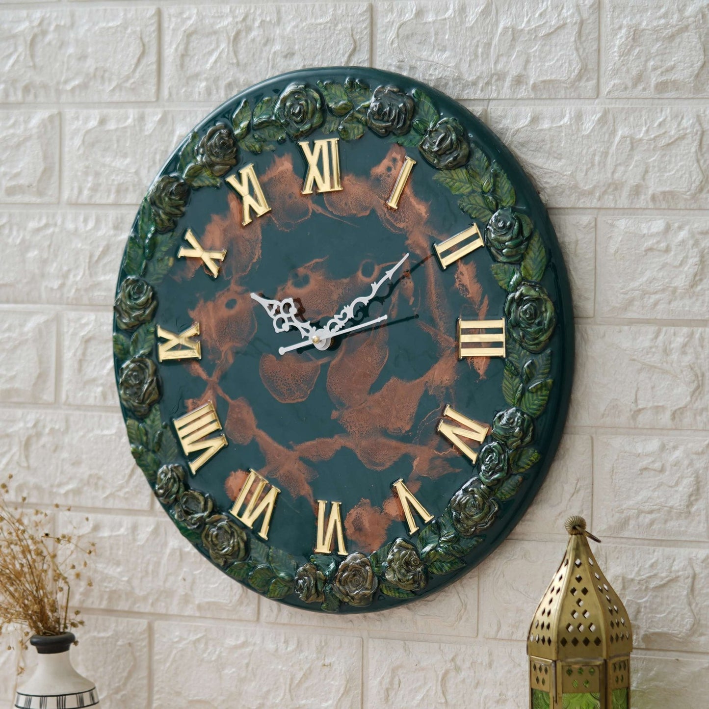 Exquisite Wooden Handmade Wall Clock Green With Brown Printed Acrylic Wall Clock for Home & Office Decorative Big Size Clock (16 Inch)