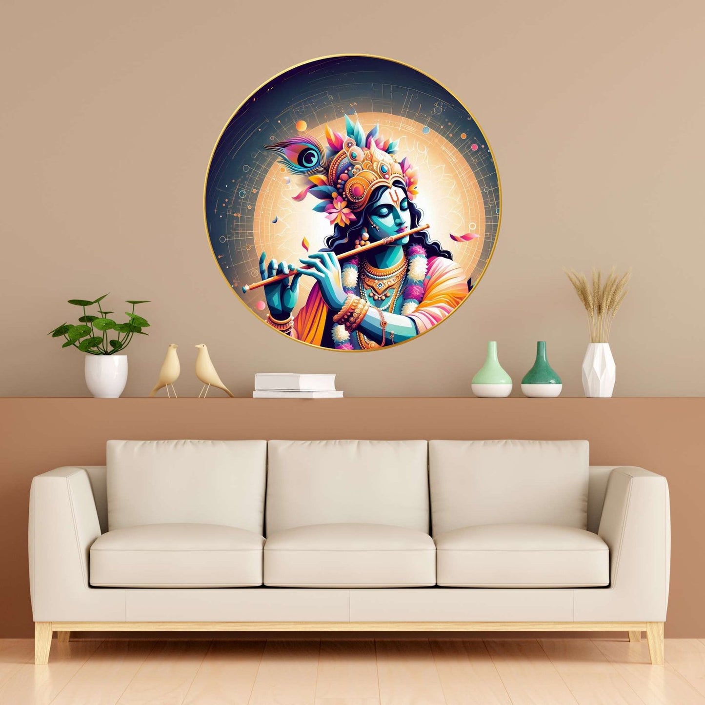 Lord Krishna Playing Flute Radiant Round Wall Art with Peacock Feather Golden Framed Large Painting Office