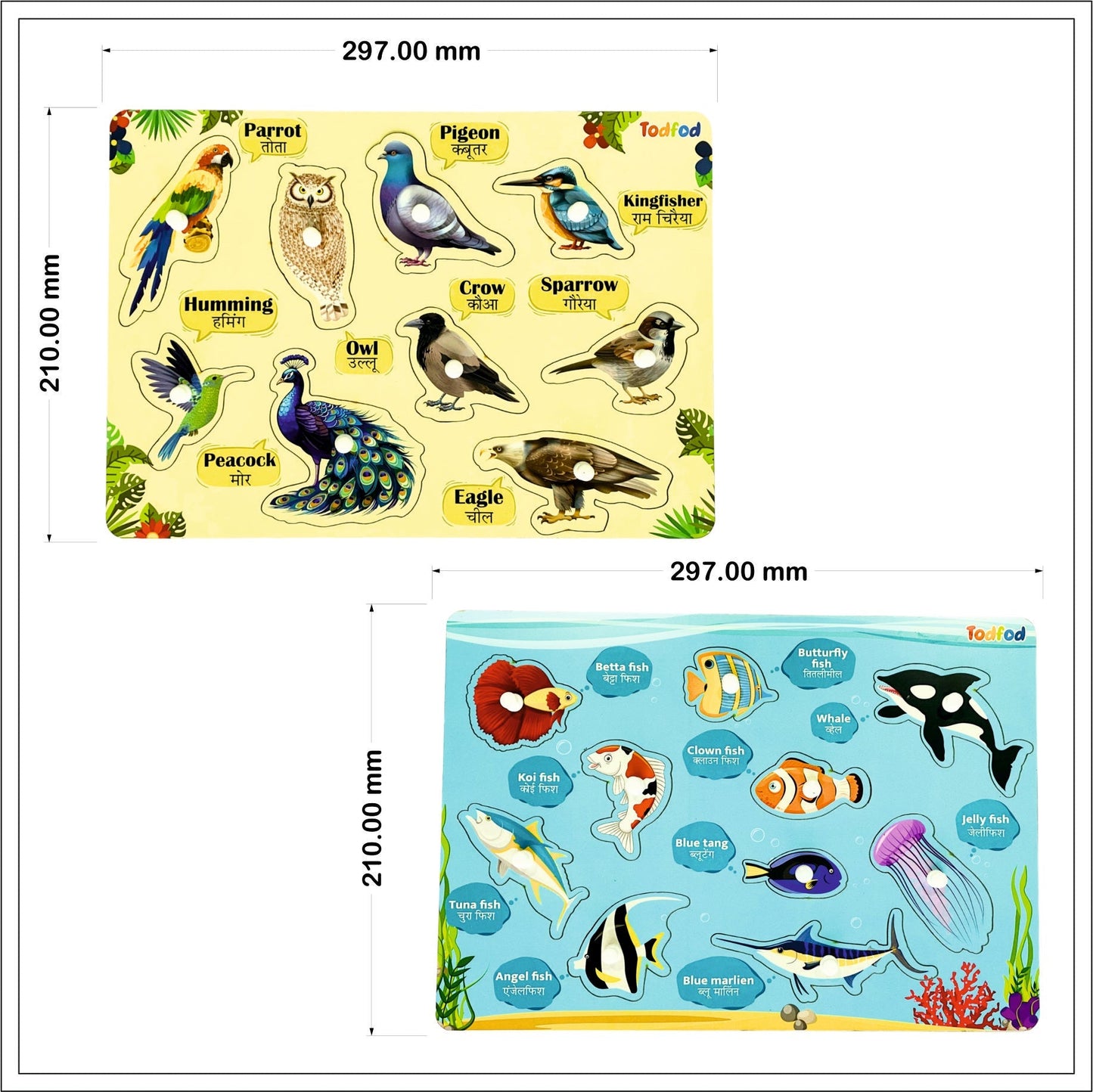 Birds & Fish Characters Knob & Pegged Puzzle for Kids