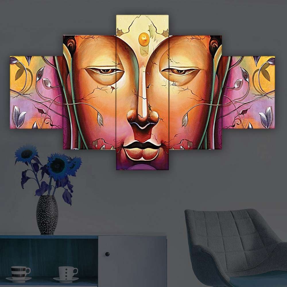 Buddha Set of Five 3D Framed Paintings for Wall Decoration – Ideal for Home, Living Room, and Bedroom (125 x 60 CM)