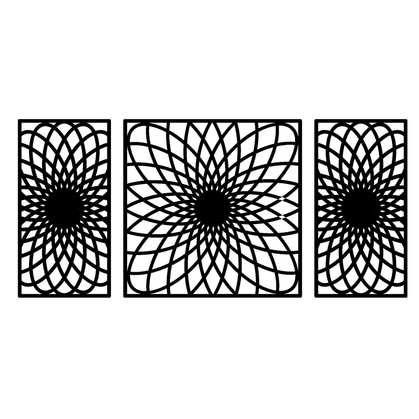Black Geometric Lotus Wall Panels Set of 3 Contemporary Mandala-Inspired Art Frames
