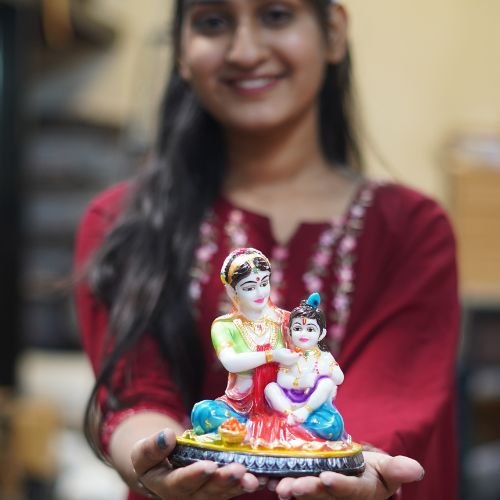 Hand-Painted Marble Yashoda and Krishna Statue (9 inches)