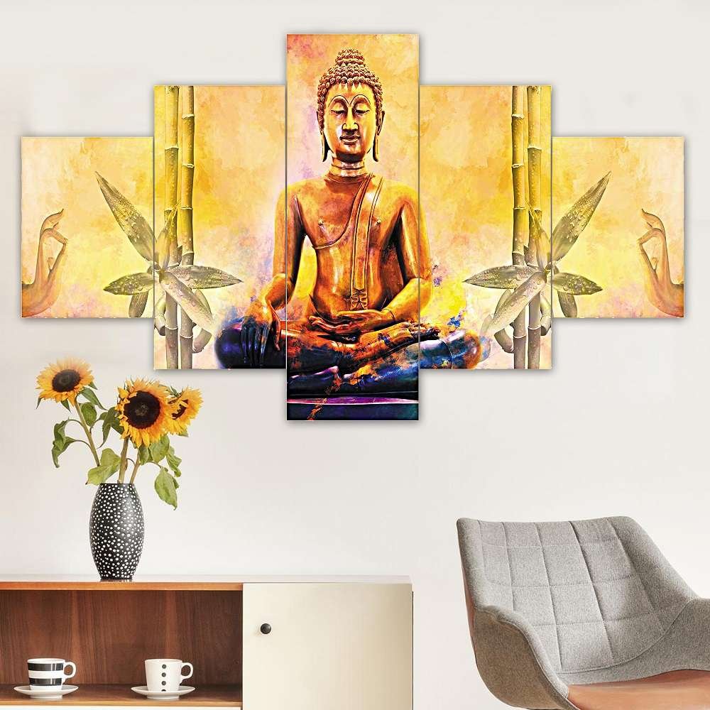 Buddha Set of Five 3D Framed Paintings for Wall Decoration – Ideal for Home, Living Room, and Bedroom (125 x 60 CM)