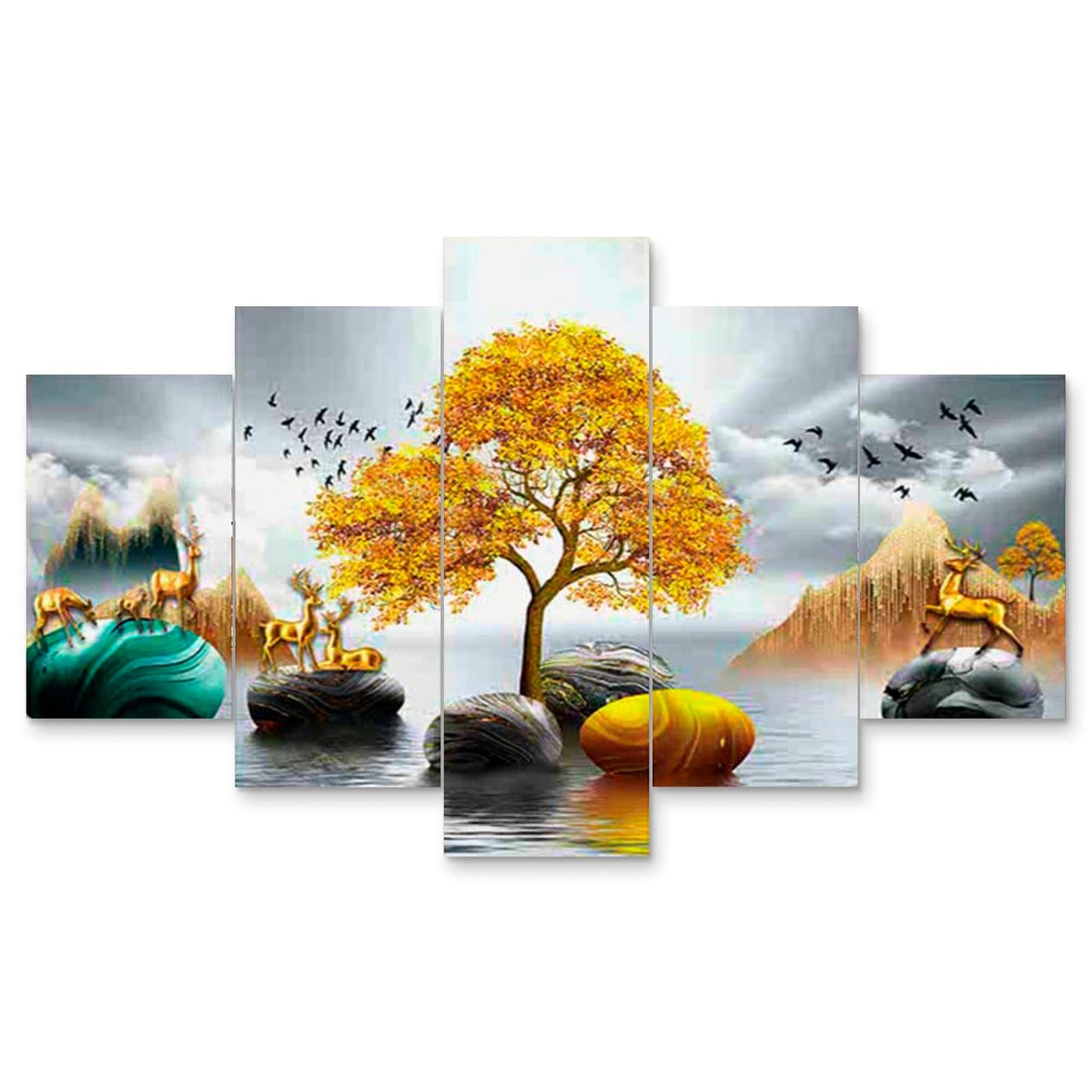 Nature Set of Five 3D Framed Paintings for Wall Decoration – Ideal for Home, Living Room, and Bedroom (125 x 60 CM)