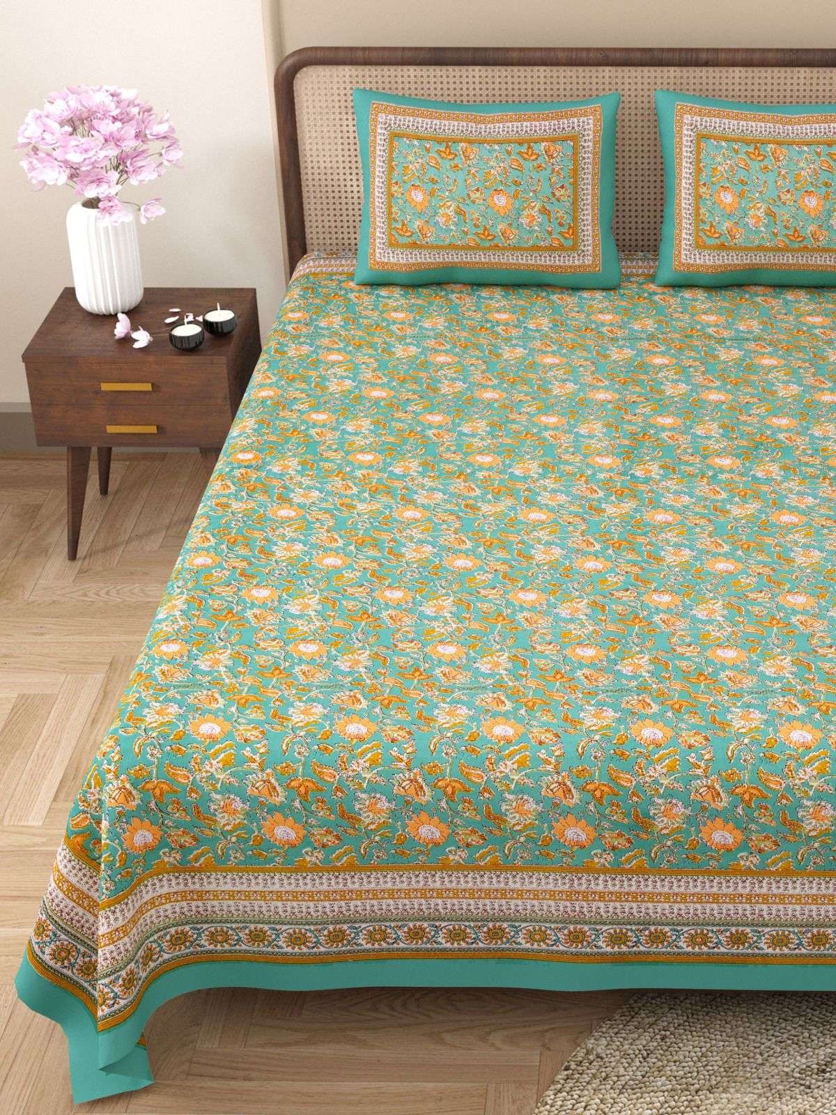 100% Pure Cotton Traditional Printed Bedsheet for Double Bed King Size Bedsheet with 2 Pillow Covers