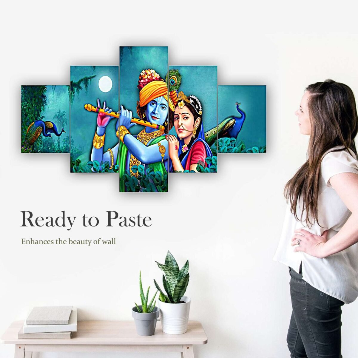 Radhe Krishna Set of Five 3D Framed Paintings for Wall Decoration – Ideal for Home, Living Room, and Bedroom (125 x 60 CM)
