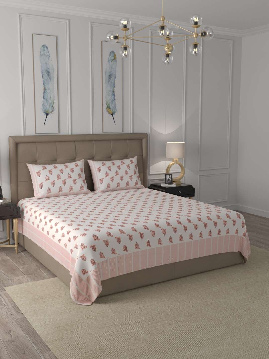 100% Pure Cotton Traditional Printed Bedsheet for Double Bed King Size Bedsheet with 2 Pillow Covers