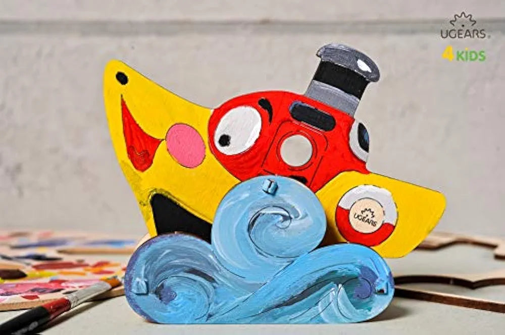 Ugears Steamboat - 3D Wooden Jigsaw Puzzle Games - Kids Coloring kit - STEAM Learning Brain Games Toys & Ship Puzzles for Kids - Building Toys & Building Sets for Kids - DIY Kits for Kids