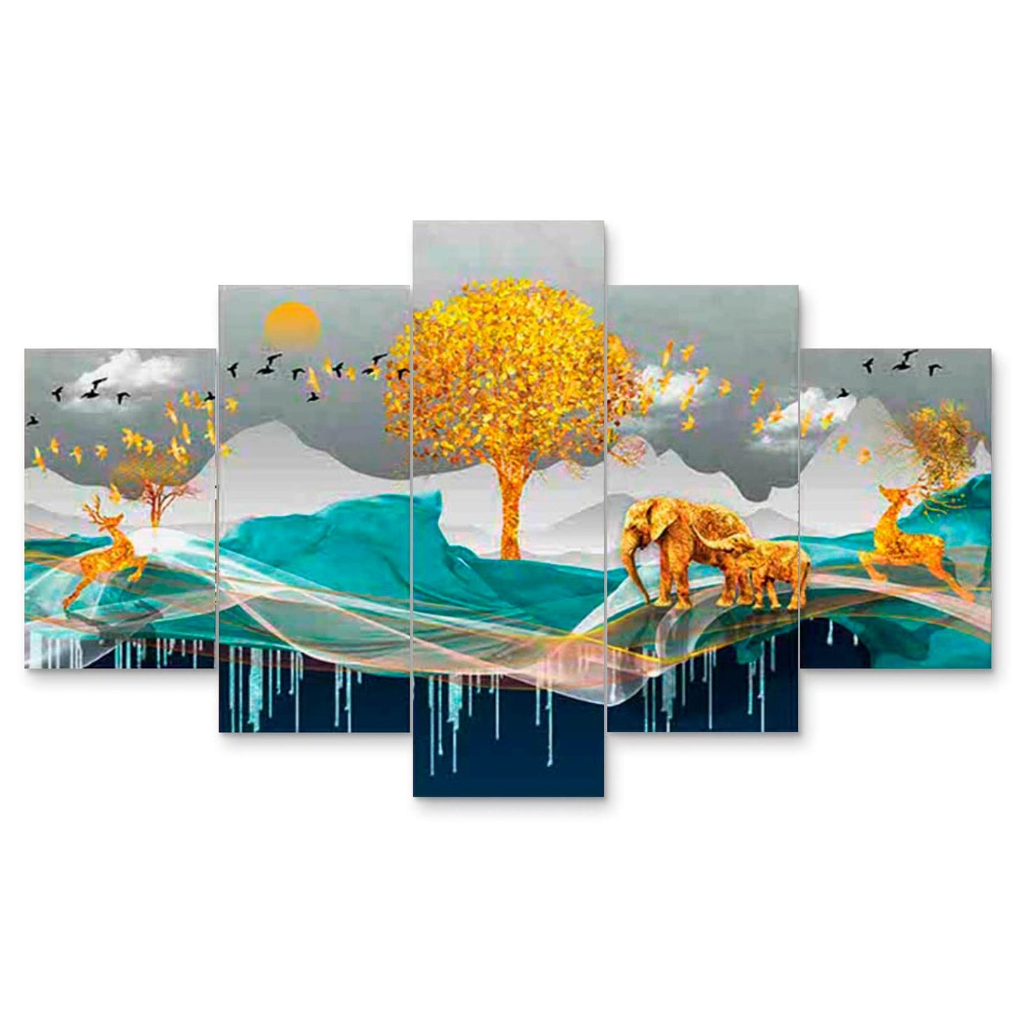 Nature Set of Five 3D Framed Paintings for Wall Decoration – Ideal for Home, Living Room, and Bedroom (75 x 43 CM)