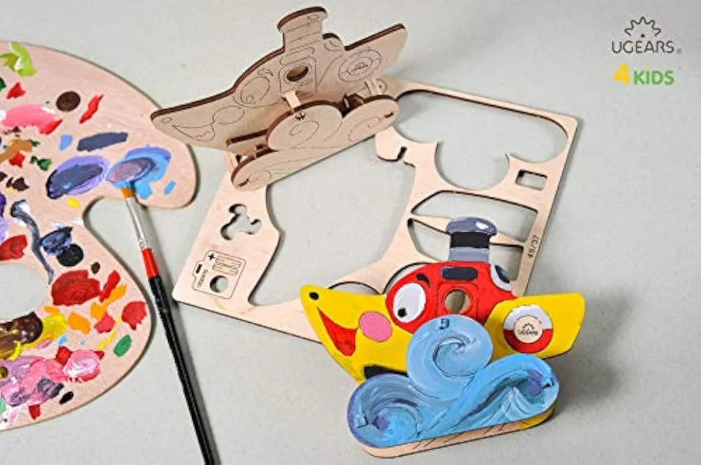 Ugears Steamboat - 3D Wooden Jigsaw Puzzle Games - Kids Coloring kit - STEAM Learning Brain Games Toys & Ship Puzzles for Kids - Building Toys & Building Sets for Kids - DIY Kits for Kids