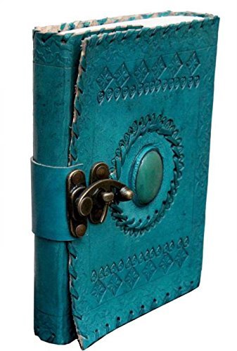 Craftshades – Metal Lock Single Stone Aqua Blue Embossed Design 7″5 Handcrafted Leather Journal/Diary 200 page | 100% Genuine Leather