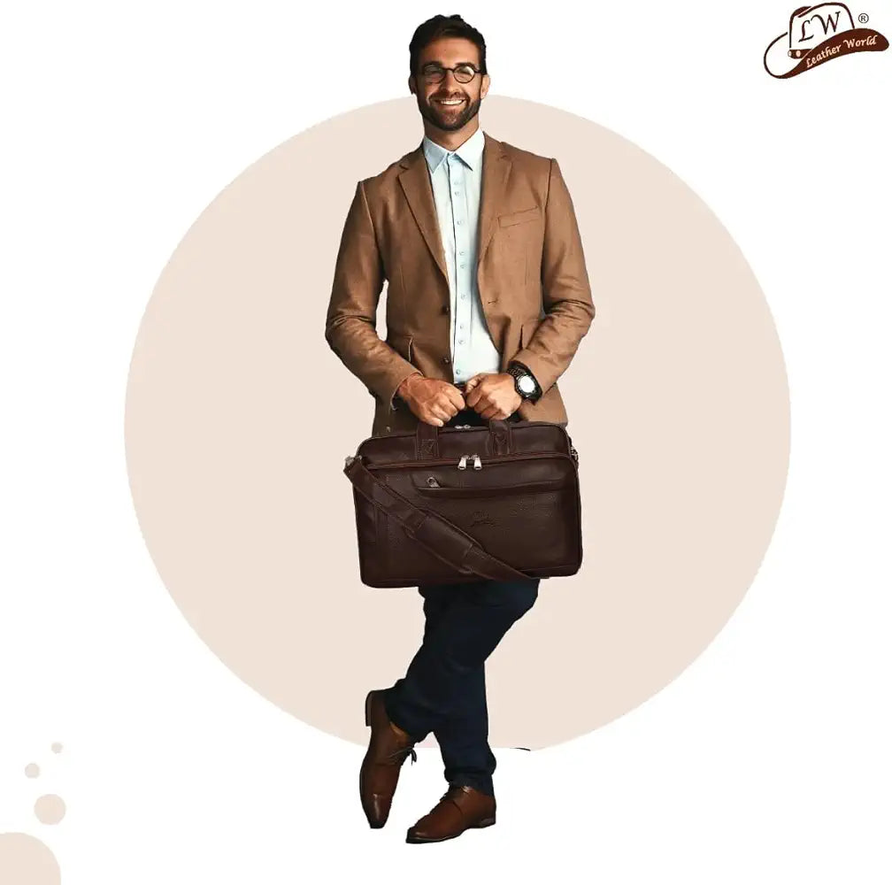 Leather World Synthetic Leather Briefcase: 15.6 Inch Brown Laptop Office Expandable Messenger Shoulder Bag for Men and Women
