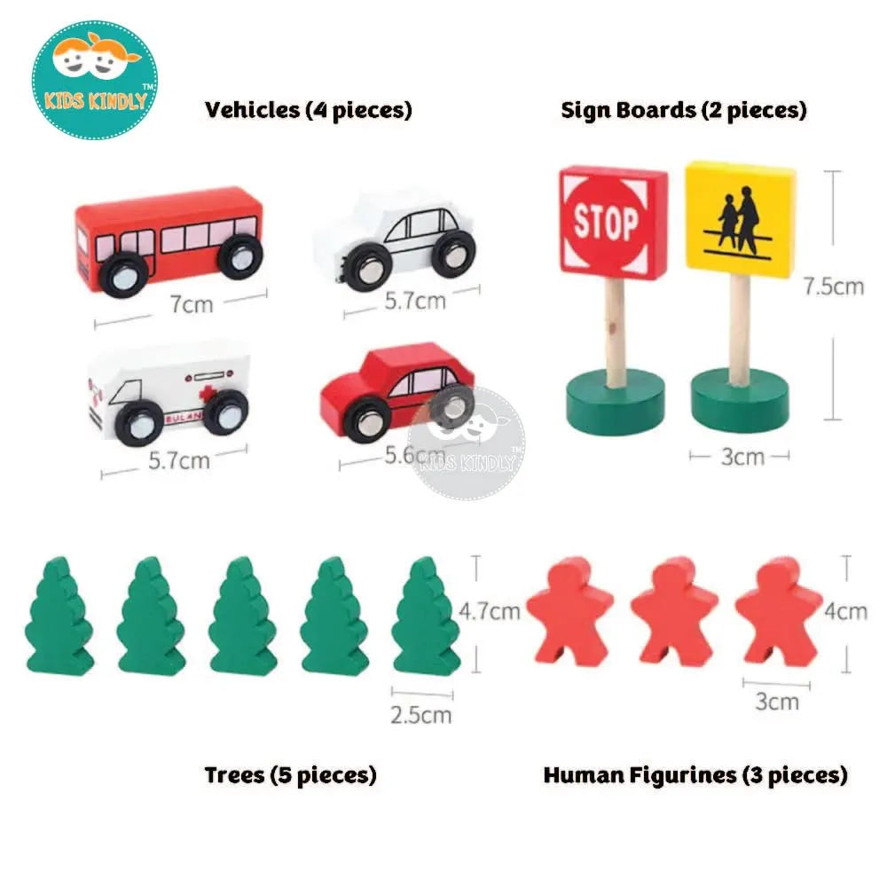 KIDS KINDLY Wooden Railway Overbridge Vehicles Set Toy for Kids | Wooden Cars | Rail Overpass | Traffic Signals, Signboards & Buildings | Monteszori Jigsaw Puzzle Boys & Girls | 3+ Years