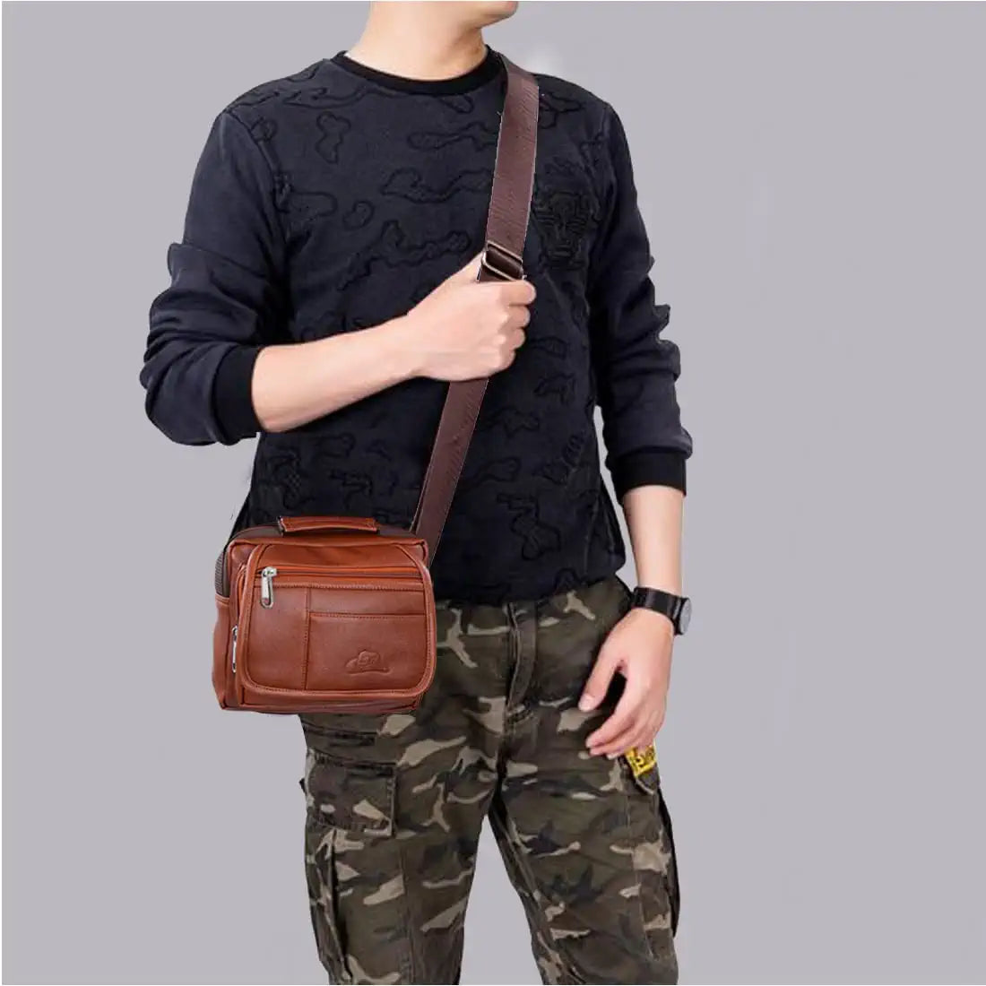 Leather World Sling Bag for Men PU Leather Messenger Cross Body Travel Office One Side Chest Shoulder Bag for Men & Women. - Tan