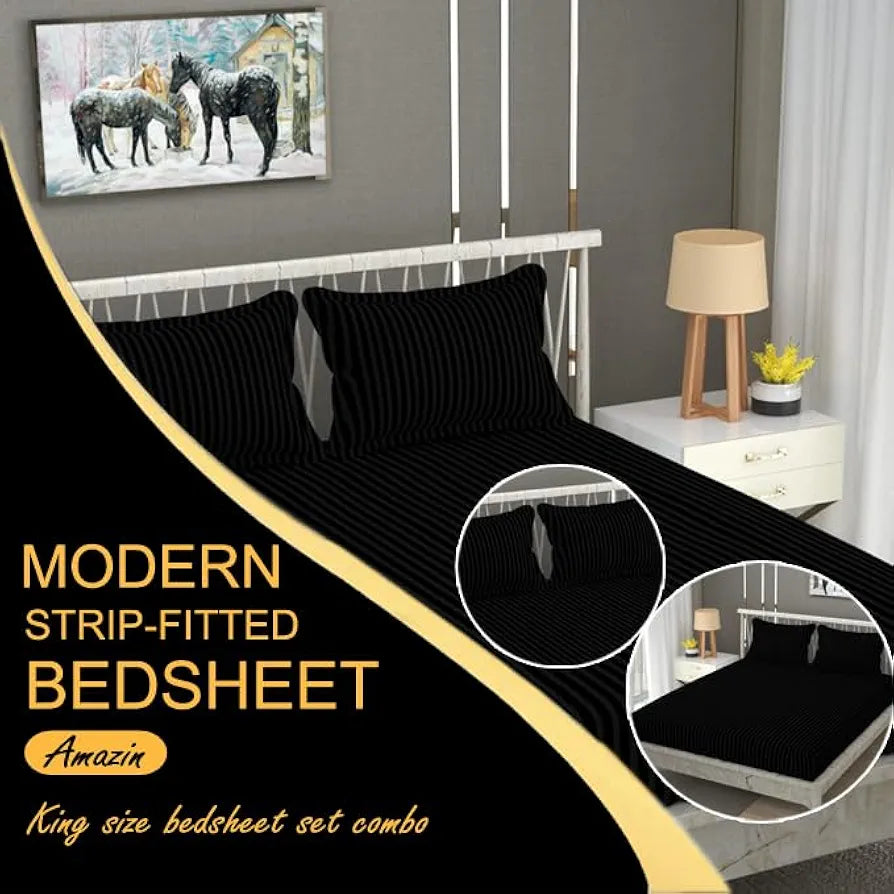 Fresh From Loom Satin Striped Soft Fitted Bedsheet King Size Bed with Two Pillow Cover Elastic 240 TC Black
