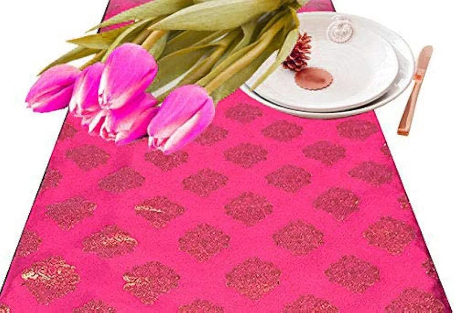 Pink Parrot Jacquard Silk Table Runner Colour Red