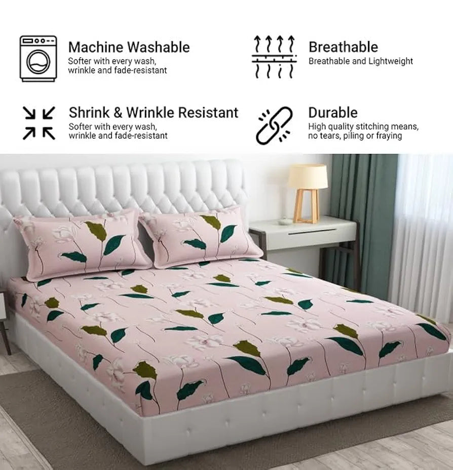 Fresh From Loom Floral King Size Bedsheet Microfiber Rotary Printed Hypoallergenic Wrinkle Free With 2 Pillow Covers Multicolor 144 TC Flamingo