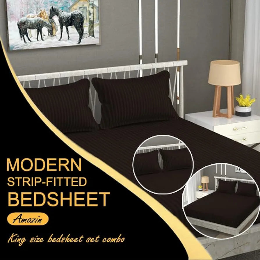 Fresh From Loom 240 TC Satin Striped Elastic Fitted Bed Sheets King Size Bed with Two Pillow Cover Multicolor Dark Coffee