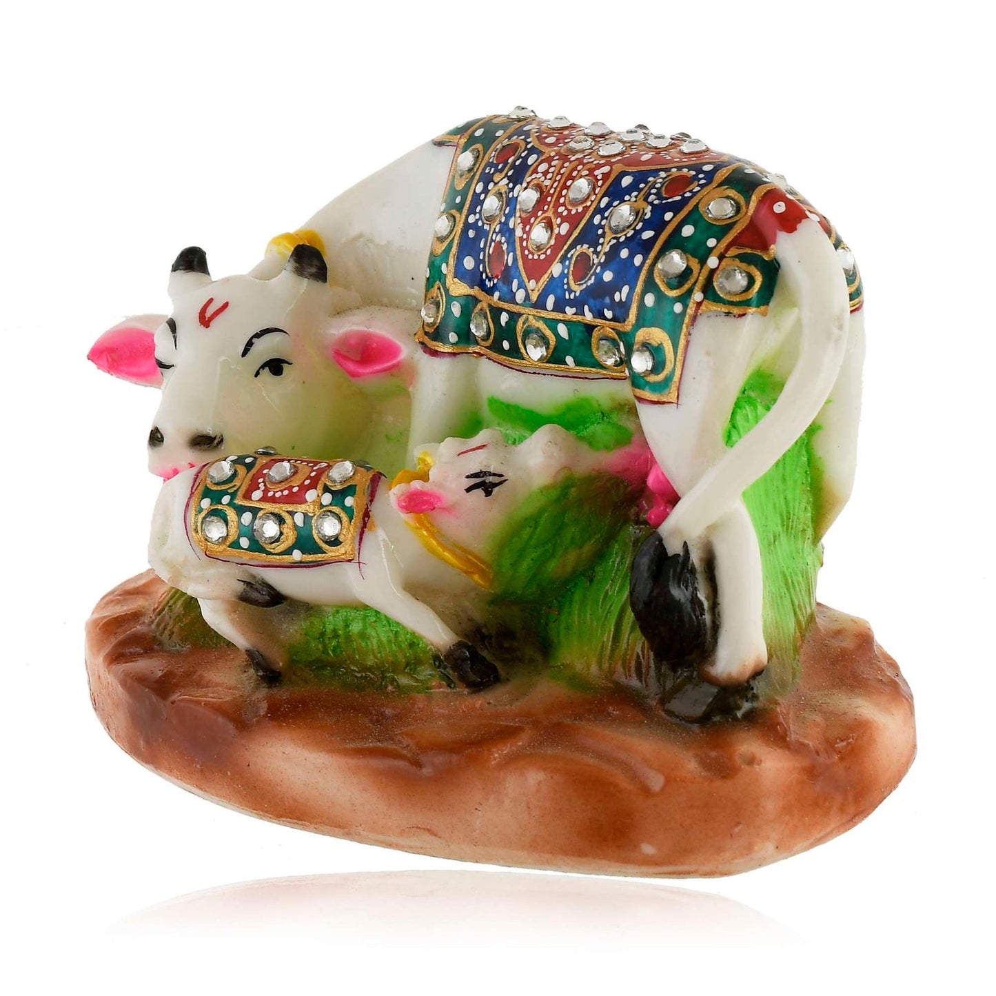 White Marble Kamdhenu Cow and Calf Statue (8.5 cm x 12 cm)