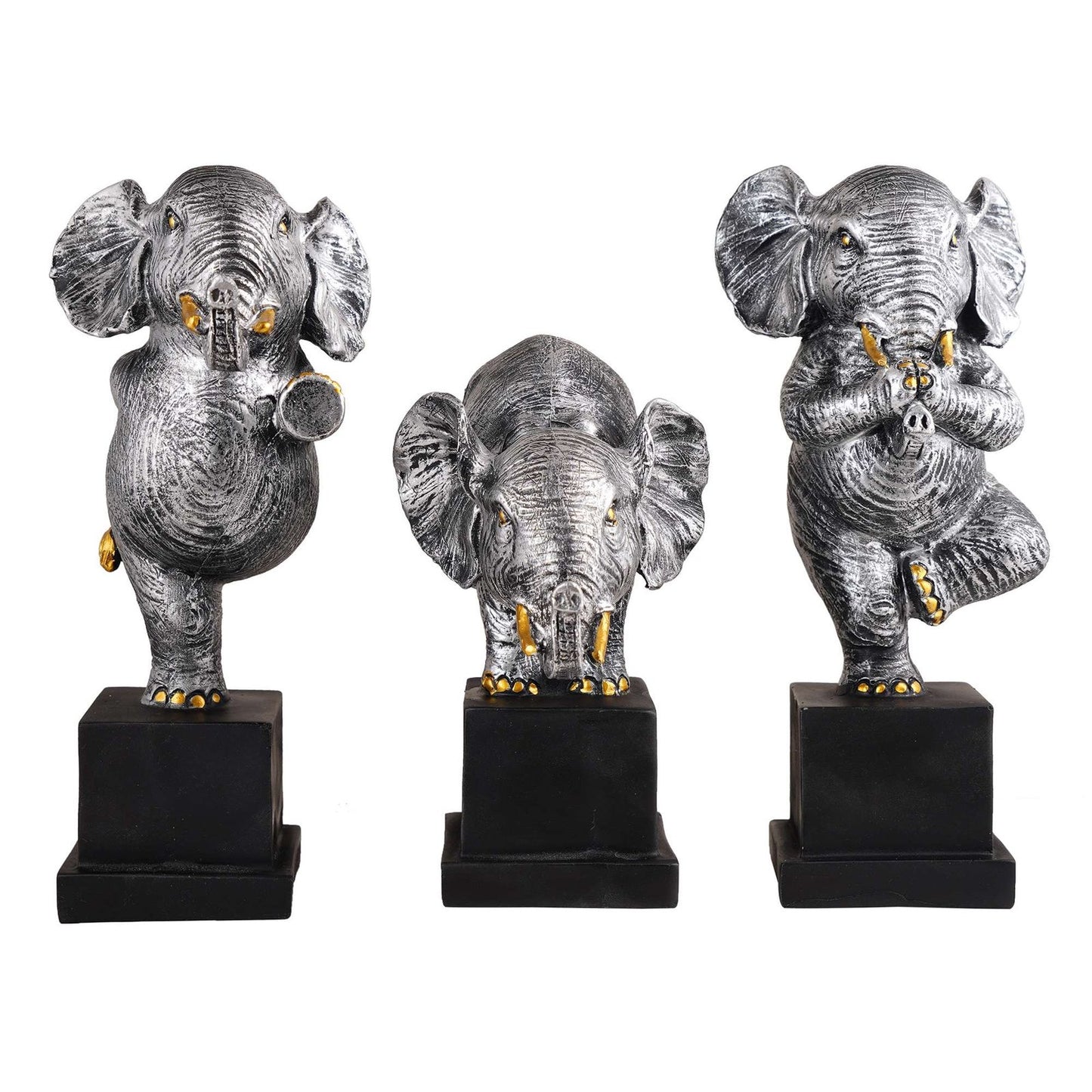 Polyresin Elephant Showpiece Statue and Artifacts for Home Decor, Living Room, Table Decoration for Gifting, Interiors and Diwali Decoration Silver (Set Of 3)