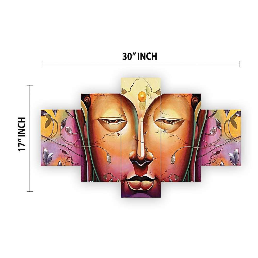 Buddha Set of Five 3D Framed Paintings for Wall Decoration – Ideal for Home, Living Room, and Bedroom (125 x 60 CM)