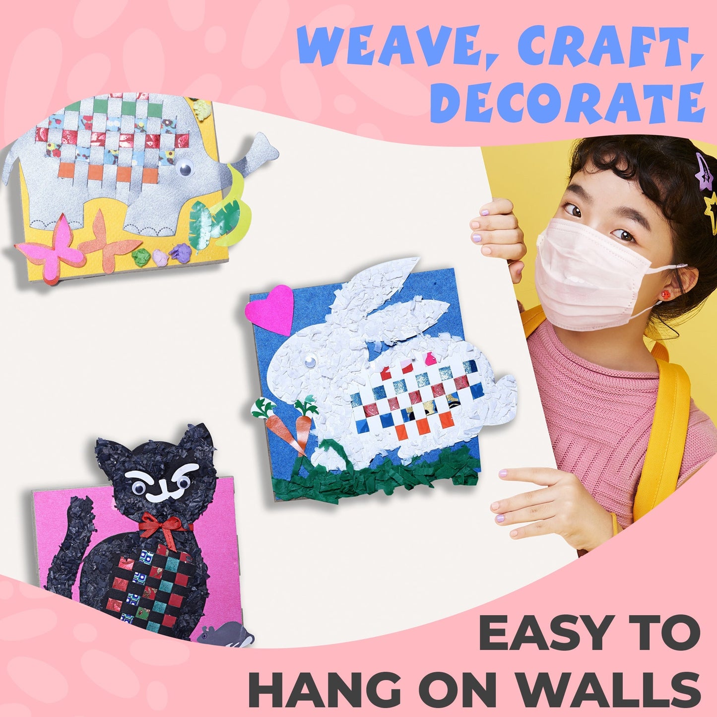 DIY Paper Weaving Wall Decor Set of 3 Animal Activity Kit- ELEPHANT, RABBIT & CAT