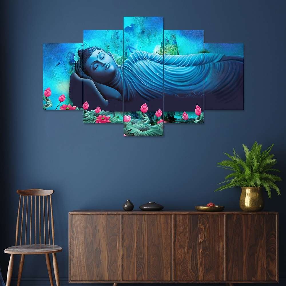 Buddha Set of Five 3D Framed Paintings for Wall Decoration – Ideal for Home, Living Room, and Bedroom (125 x 60 CM)