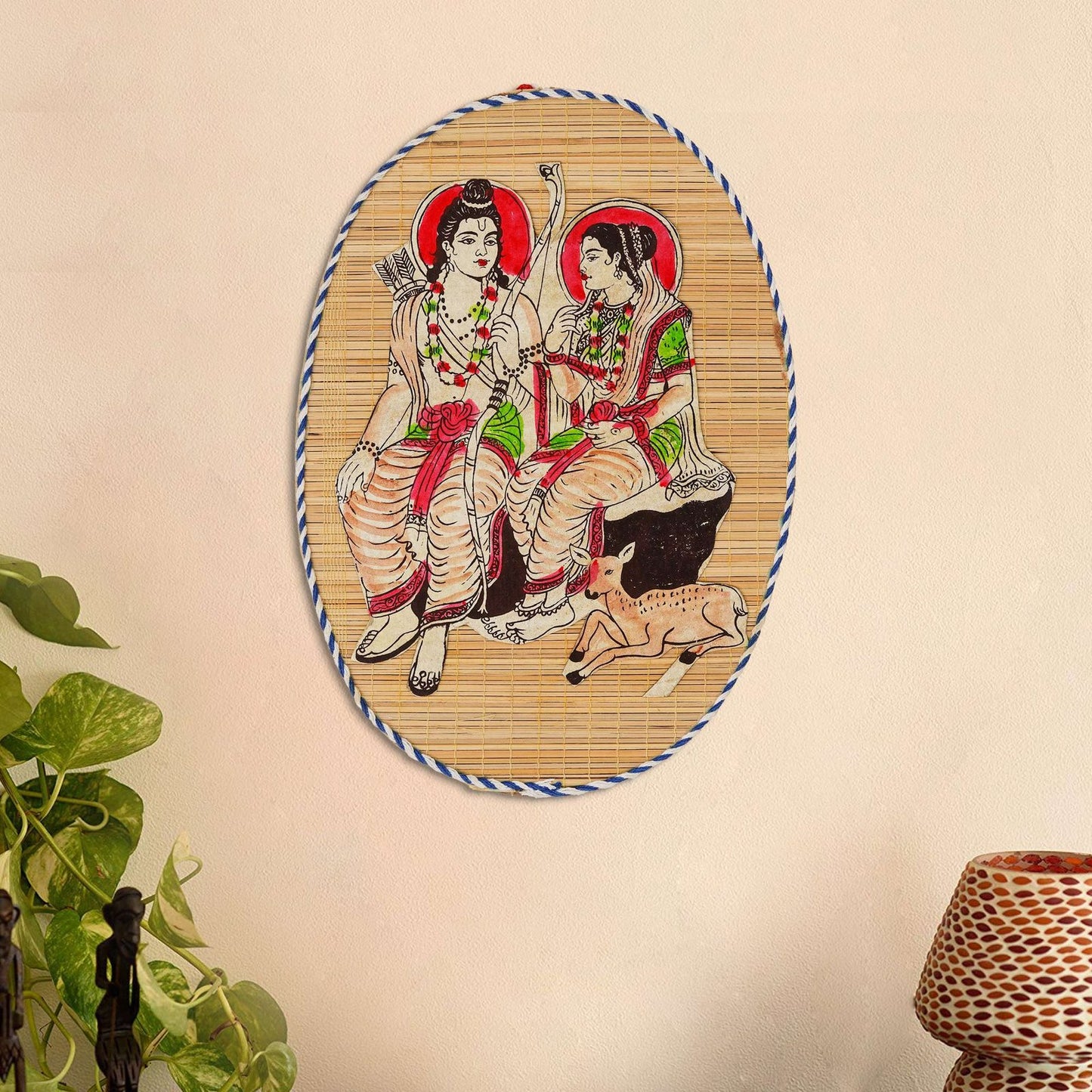 Oval Shaped Design Bamboo Hand Crafted Wall Hangings Of Shri Ram Ji With Janaki Ji For Home D’cor | Bamboo Art For Wall Decor