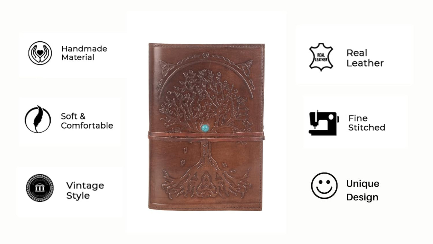 CraftShades – Refillable Leather Diary – Feather with Birds, Leaf of Tree Embossed with Quote 125 GSM Plain 200 Papers Notepad for Men and Women – Size 6 x 8.5 Inch (Tree Embossed)