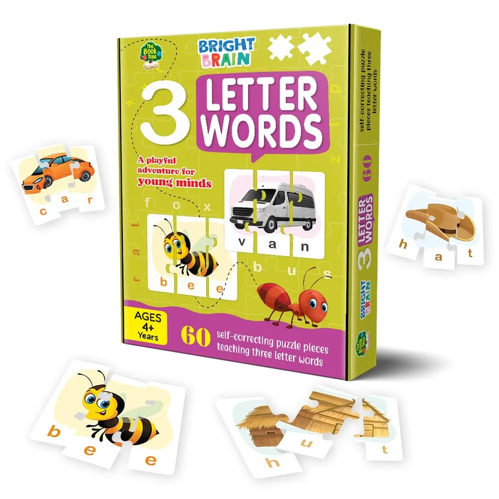 THE BOOK TREE Bright Brain 3 Letter Words Puzzle - Learn To Spell 20 Three Letter Words 60 Pieces- Beautiful Colorful Pictures Age 4+ Gift Box By Majestic Book Club, For Kid