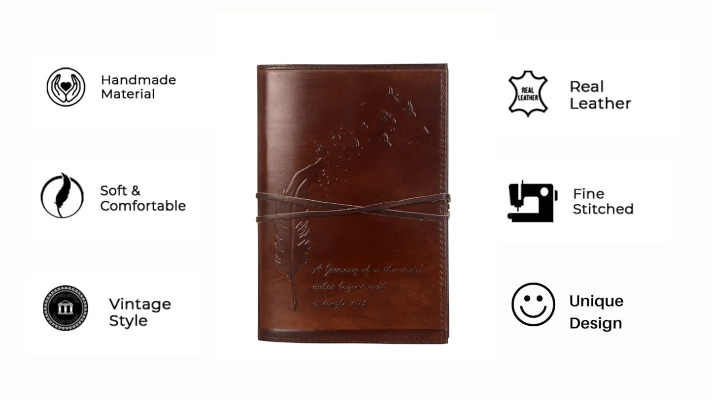 CraftShades – Refillable Leather Diary – Feather with Birds, Leaf of Tree Embossed with Quote 125 GSM Plain 200 Papers Notepad for Men and Women – Size 6 x 8.5 Inch (Leaf Embossed)