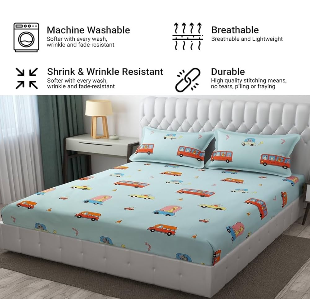 Fresh From Loom Glace Cotton Bed Sheet with 2 Pillow Cover Cartoon Printed Double Bed King Size Kids Bedsheet 144 TC Aqua