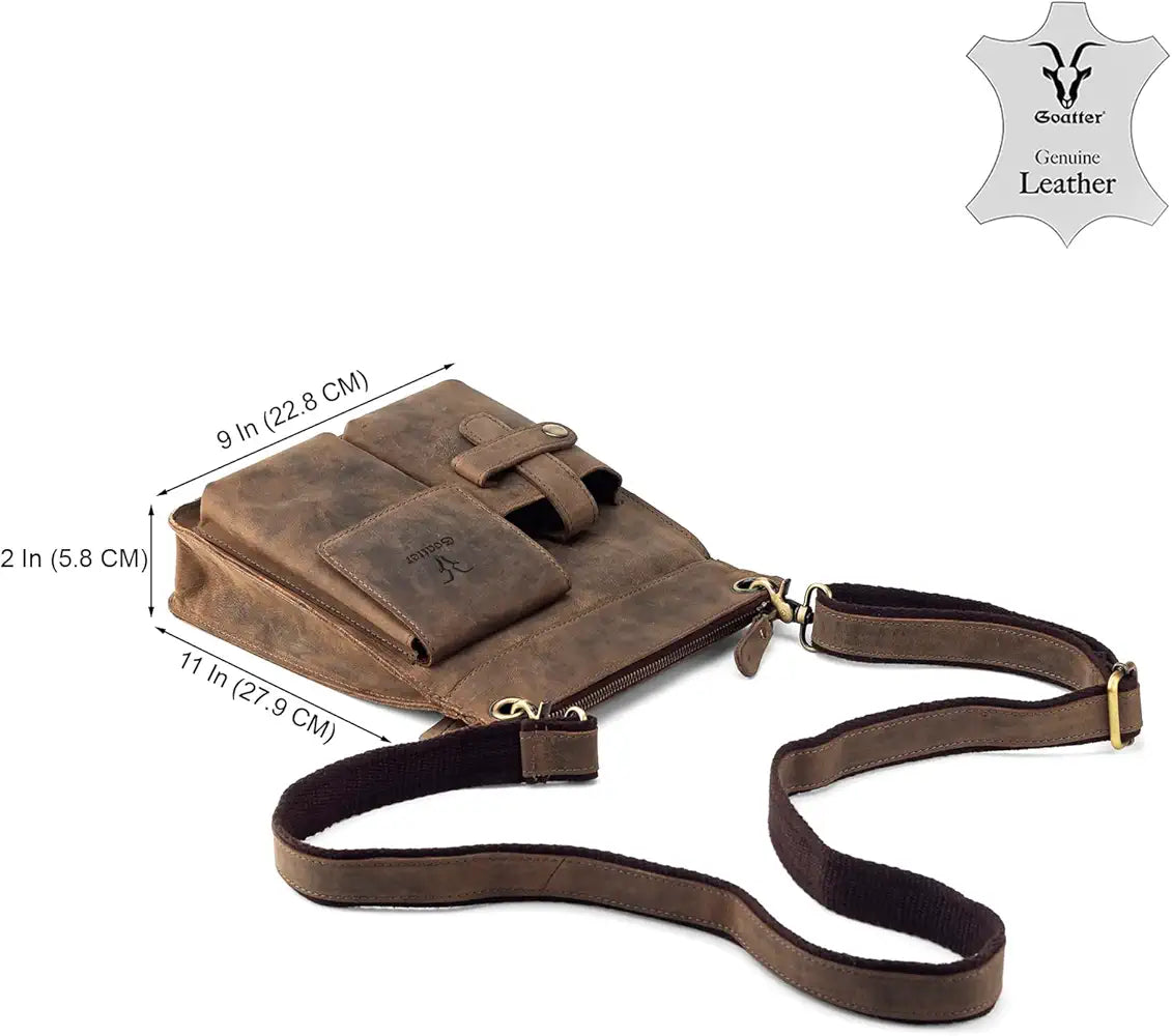 Goatter Men's Hunter Leather 11" Messenger Bag, Coffee