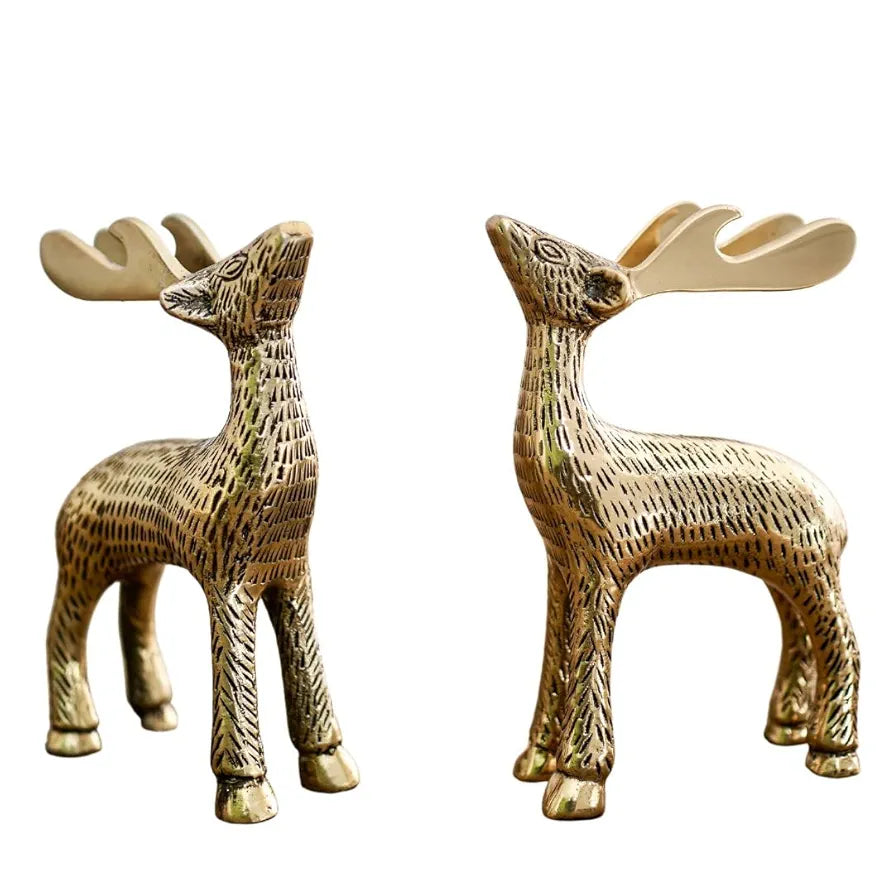 BEHOMA Antique Golden Aluminium Christmas Reindeer Figurine Statue 2 Pcs | Reindeer Showpiece for Tabletop, Bookshelf, Desktop, Cabinets, Valentine's Day