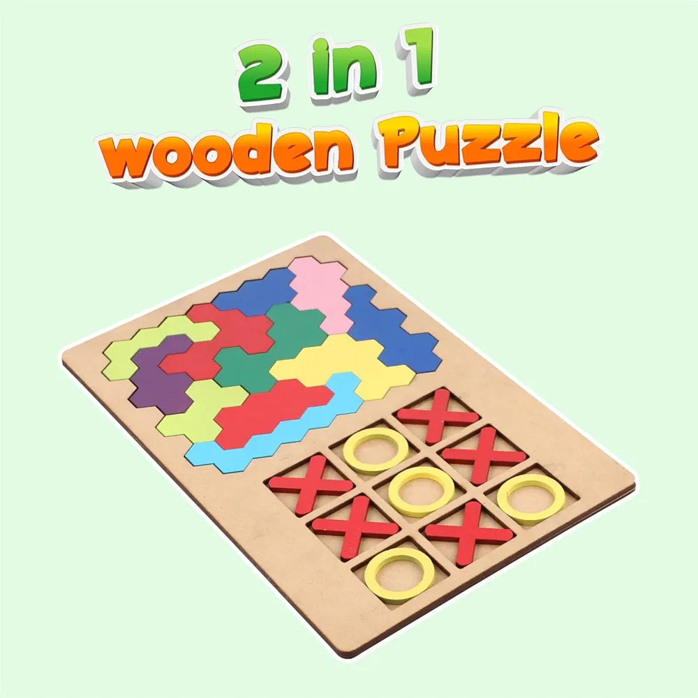 SPARTAN KIDSยฎ 3D Wooden Hexagon Puzzle & Classic Tic Tac Toe Game - Montessori Educational Toy for Kids, Creative Shape Pattern Block, Two-in-One Early Learning Toy