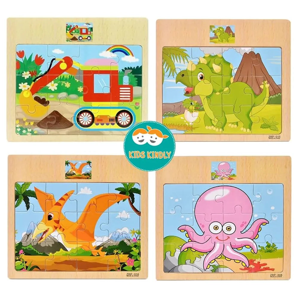 KIDS KINDLY Wooden 12 Piece Jigsaw Puzzle for Kids, Animals & Vehicle Theme Game, Promotes Fine Motor Skills, Improve Hand-Eye Coordination, Puzzle Game for Kids - 3 Years+ Random Design