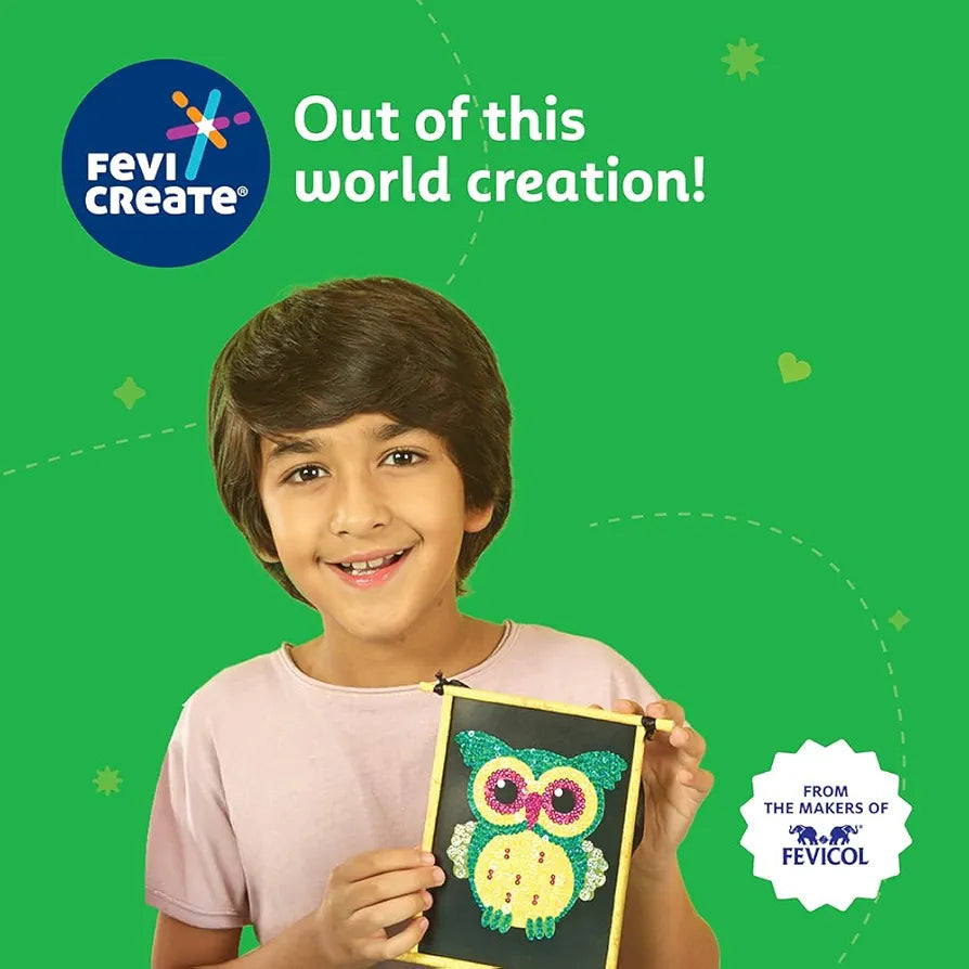 Fevicreate Sequin Art Owl Craft Kit | Sequin Art Fridge Magnets on Owl Templates with Multi-coloured Sequins, Magnets & more | Boost child's creativity | By Fevicol | Return Gift for Kids Age 5+ years